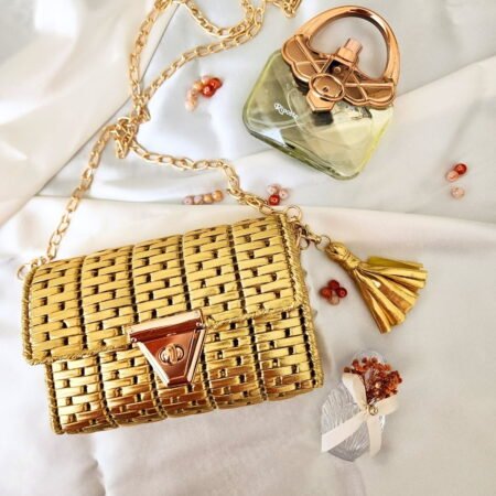 Zincir Askılı Deri Görünümlü Abiye Çanta- Altın Sarısı, Metalik Sarı