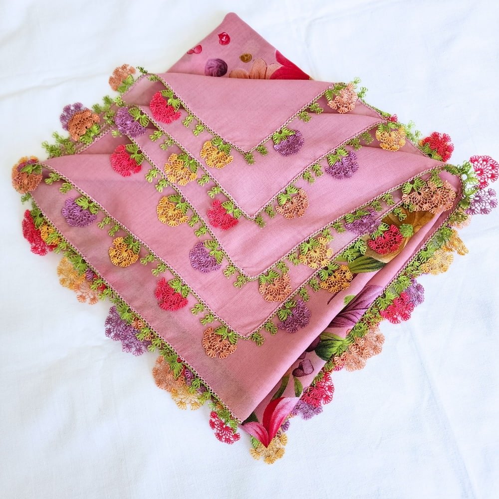 Cenk El Işi Iğne Oyalı Yazma/ Iğne Oyası / Iğne Işi Yemeni/ El Işi Tülbent/Baş Örtüsü/Çiçekli Pembe - Görsel 4